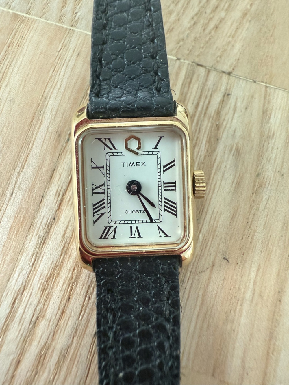 Timex ladies gold tone black leather tank watch NEW BATTERY